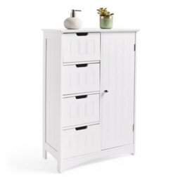 Vonhaus Bathroom Storage Cabinet, White Freestanding Bathroom Cupboard With 4 Drawers, Shaker Tongue & Groove Design, Holbrook - thumbnail 1
