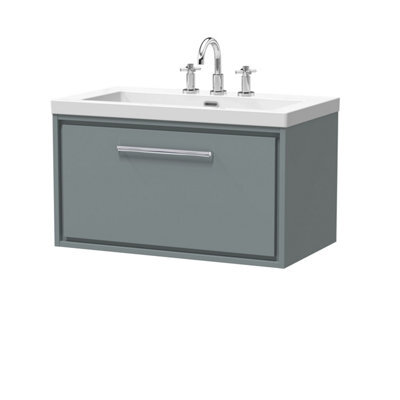 Balterley Longnor Modern Bathroom 1 Soft Close Drawer Wall Hung Vanity Unit With Fireclay Basin, Coastal Grey, 800mm - image 1
