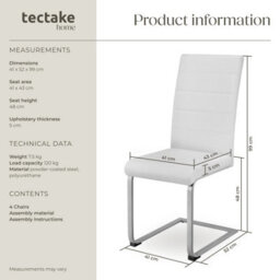 Tectake Set Of 4 Dining Chairs - Cantilevered, High Backrest, Flat Steel Frame  - White - thumbnail 6