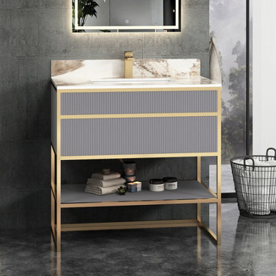 Royal Bathrooms Vienna 900mm Rock Grey Freestanding Bathroom Vanity Unit Cabinet Storage With Brushed Brass Frame & Pandora Top - image 1