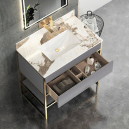 Royal Bathrooms Vienna 900mm Rock Grey Freestanding Bathroom Vanity Unit Cabinet Storage With Brushed Brass Frame & Pandora Top - thumbnail 5
