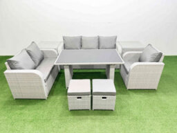 Fimous Rattan Outdoor Table Reclining Chair Sofa Set With 2 Side Tables 2 Small Stools Light Grey 8 Seater - thumbnail 1