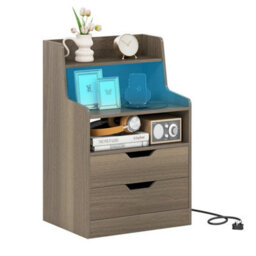 Led Nightstand With Charging Station 2 Drawer Bedside Table - thumbnail 1