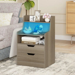 Led Nightstand With Charging Station 2 Drawer Bedside Table - thumbnail 3