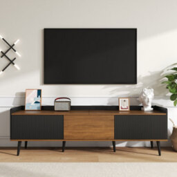 Abrihome 160 L X 39 W X 49.5 H Cm Tv Cabinet, Tv Stand, 3-Door Storage Cabinet In Black & Natural Wood Finish, Low Profile Design