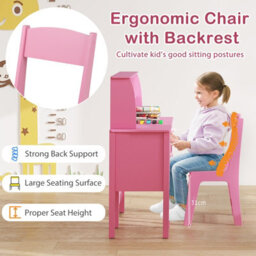 Costway Kids Study Desk And Chair Set Children Wooden Craft Table & Chair-Pink - thumbnail 5