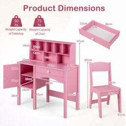 Costway Kids Study Desk And Chair Set Children Wooden Craft Table & Chair-Pink - thumbnail 2