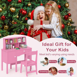 Costway Kids Study Desk And Chair Set Children Wooden Craft Table & Chair-Pink - thumbnail 8