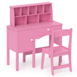 Costway Kids Study Desk And Chair Set Children Wooden Craft Table & Chair-Pink - thumbnail 9