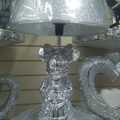 Biznest Set Of 2 Mickey & Minnie Mouse Lamp With Shade Crushed Diamond Crystal Sparkly Silver Mirror