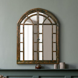 Mirroroutlet The Kirkby Dark Metal Rustic Framed Arched Wall Mirror With Opening Doors 78Cm X 61Cm - thumbnail 1