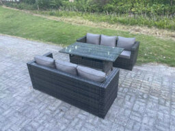 Fimous Pe Wicker Outdoor Garden Furniture Set Patio Rattan Rectangular Dining Table Lounge Sofa 6 Seater Dark Grey Mixed
