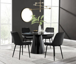 Furniturebox Palma Black Semi Gloss Round Dining Table & 4 Black Pesaro Black Leg Chairs - thumbnail 1