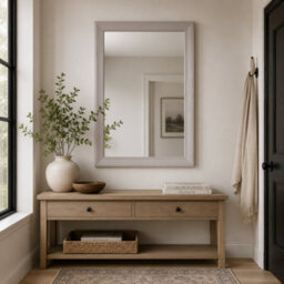 Beige Rectangular Wall-Mounted Framed Mirror, (H)87Cm (W)61Cm - thumbnail 1
