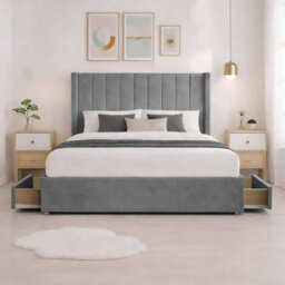 Luxury Grey Plush Milan Double Bed Frame With Mattress 54 Inches Wingback Headboard 2 Footend Storage Drawers - thumbnail 2