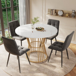 Abrihome 100Cm Round Dining Table Set - White Mdf Top, Gold Metal Legs, 4 Gray Velvet Chairs, 5-Piece Kitchen Table - thumbnail 1