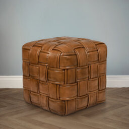 Genuine Real Brown Tan Leather Woven Pouffe Ottoman Footstool Foot Rest 48Cm