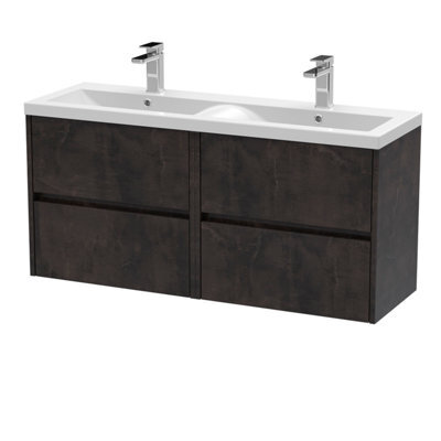Nuie Havana Wall Hung 4 Drawer Vanity Basin Unit & Double Ceramic Basin, Modern Sink Vanity Unit In Metallic Slate With White - image 1