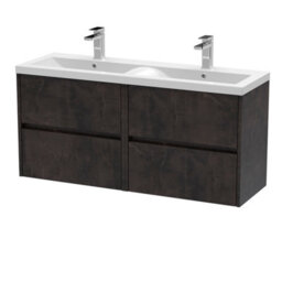 Nuie Havana Wall Hung 4 Drawer Vanity Basin Unit & Double Ceramic Basin, Modern Sink Vanity Unit In Metallic Slate With White - thumbnail 1