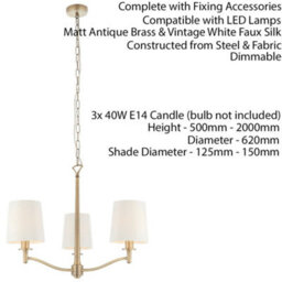 Multi Light Ceiling Pendant 3 Bulb Antique Brass & White Chandelier Lamp Shade - thumbnail 2