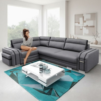 Avatar Corner Sofa Bed With Pouffe Cocktail Cabinet Foam Cushions Sinuous Springs Wood Frame 300X200Cm Grey And Graphite Left - image 1