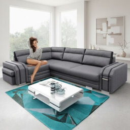 Avatar Corner Sofa Bed With Pouffe Cocktail Cabinet Foam Cushions Sinuous Springs Wood Frame 300X200Cm Grey And Graphite Left - thumbnail 1