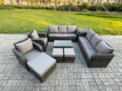 Fimous Rattan Outdoor Garden Furniture Sofa Set Patio Table & Chairs Set With 3 Seater Sofa Reclining Chair 3 Footstools - image 1