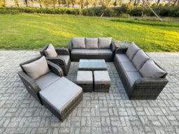 Fimous Rattan Outdoor Garden Furniture Sofa Set Patio Table & Chairs Set With 3 Seater Sofa Reclining Chair 3 Footstools - thumbnail 1