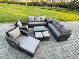 Fimous Rattan Outdoor Garden Furniture Sofa Set Patio Table & Chairs Set With 3 Seater Sofa Reclining Chair 3 Footstools - thumbnail 2