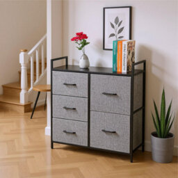 Chest Of Drawers 5 Fabric Drawers With Handles Wood Top And Metal Frame Large Storage Unit Bedroom Or Nursery Black - thumbnail 5