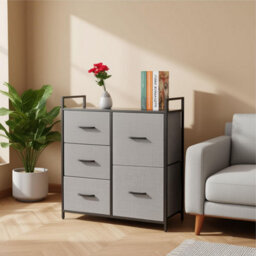 Chest Of Drawers 5 Fabric Drawers With Handles Wood Top And Metal Frame Large Storage Unit Bedroom Or Nursery Black - thumbnail 4