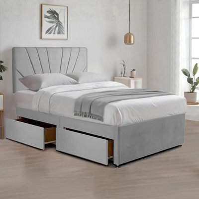 Silver Plush Fabric Double Bed With 20 Inches Sunrise Headboard 2 Storage Drawers And Spring Memory Foam Mattress