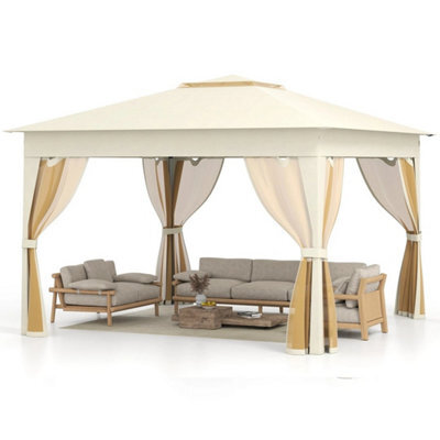Gazebo Foldable Canopy Tent W/mesh Netting Beige - image 1