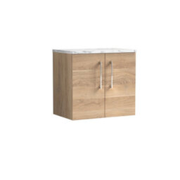Nuie Arno Wall Hung 2-Door Vanity & Carrera Marble Laminate Worktop, Stylish Counter Top Vanity Unit In Bleached Oak, 600mm - thumbnail 1
