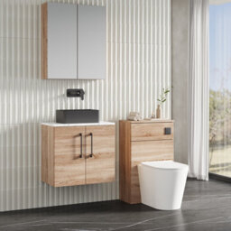 Nuie Arno Wall Hung 2-Door Vanity & Carrera Marble Laminate Worktop, Stylish Counter Top Vanity Unit In Bleached Oak, 600mm - thumbnail 3