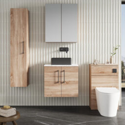 Nuie Arno Wall Hung 2-Door Vanity & Carrera Marble Laminate Worktop, Stylish Counter Top Vanity Unit In Bleached Oak, 600mm - thumbnail 4