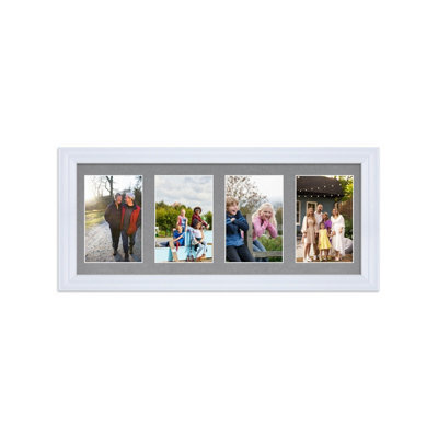 AK Frames 50X20Cm White Classic Multi Photo Frame With Mid Grey Mount - Holds 4 Apertures (4X) 6X4 Photos - image 1