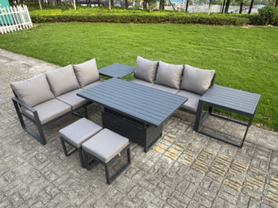 Fimous 7 Pieces Garden Furniture Set Aluminium Adjustable Rising Lifting Dining Table And Sofa Set With Side Tables 2 Small Stools - image 1