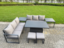 Fimous 7 Pieces Garden Furniture Set Aluminium Adjustable Rising Lifting Dining Table And Sofa Set With Side Tables 2 Small Stools - thumbnail 2