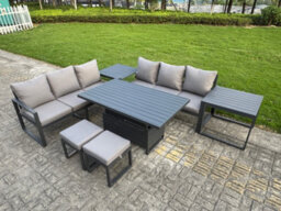 Fimous 7 Pieces Garden Furniture Set Aluminium Adjustable Rising Lifting Dining Table And Sofa Set With Side Tables 2 Small Stools - thumbnail 1