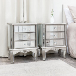 Melody Maison Silver Mirrored Double Wardrobe, Chest Of Drawers, Dressing Table Set & 3 Drawer Bedside Tables - Tiffany Range - thumbnail 3