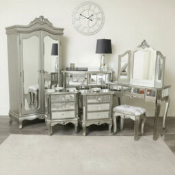 Melody Maison Silver Mirrored Double Wardrobe, Chest Of Drawers, Dressing Table Set & 3 Drawer Bedside Tables - Tiffany Range