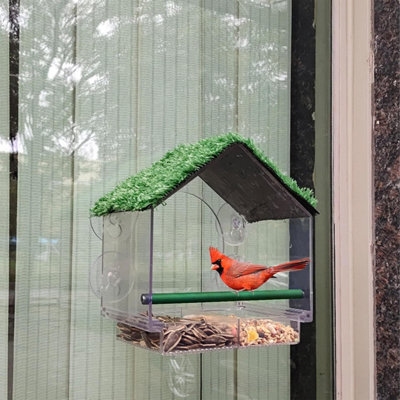 Window Bird Feeder With Strong Suction Cups, Removable Drainage Tray, Sloped Grass Roof,clear View, Squirrel Proof For Small Birds - image 1