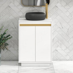 Royal Bathrooms Orion 600mm Matt White Floor Standing Plain White Countertop Vanity Unit 2 Door With Milan Black Basin & Brushed Brass Accent Trim - thumbnail 1