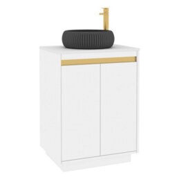 Royal Bathrooms Orion 600mm Matt White Floor Standing Plain White Countertop Vanity Unit 2 Door With Milan Black Basin & Brushed Brass Accent Trim - thumbnail 6