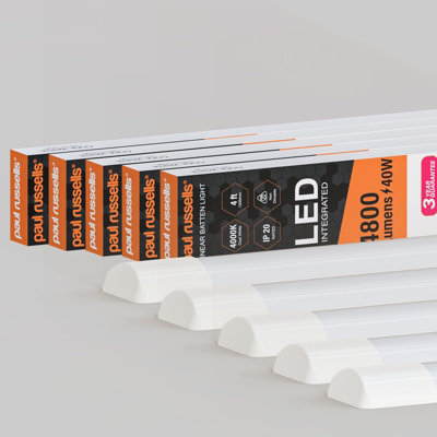 Paul Russells 4 Ft Led Batten Tube Lights, 40W 4800 Lumens, Ip20, 4000K Cool White, Ultra Slim, Pack Of 5 - image 1