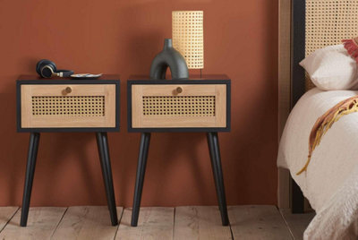 Pair Of Bedside 1 Drawer Cabinet  Rattan Croxley Side Table Black - image 1
