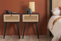 Pair Of Bedside 1 Drawer Cabinet  Rattan Croxley Side Table Black - thumbnail 1