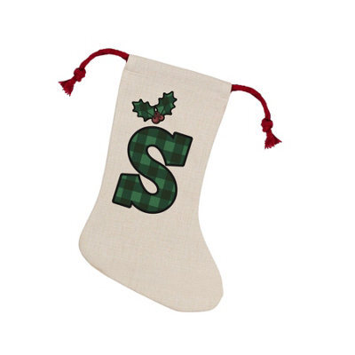 Purely Home Green Tartan Alphabet Letter S Stocking - Novelty Initial Xmas Gift Linen-Style With Red Drawstring Ties - image 1