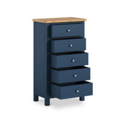Farro Navy Xl 5 Drawer Tallboy Chest Fully Assembled - Painted With Oak Top By Roseland Furniture - thumbnail 5